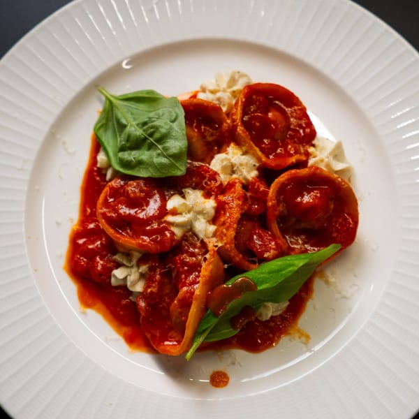 Italian pasta dish with red sauce, white cheese, and fresh basil on a white plate.